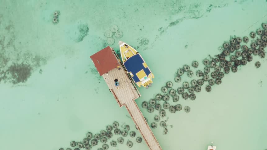 Ascending top-down aerial shot reveals a tour boat docked at a wooden pier in a beautiful turquoise tropical sea