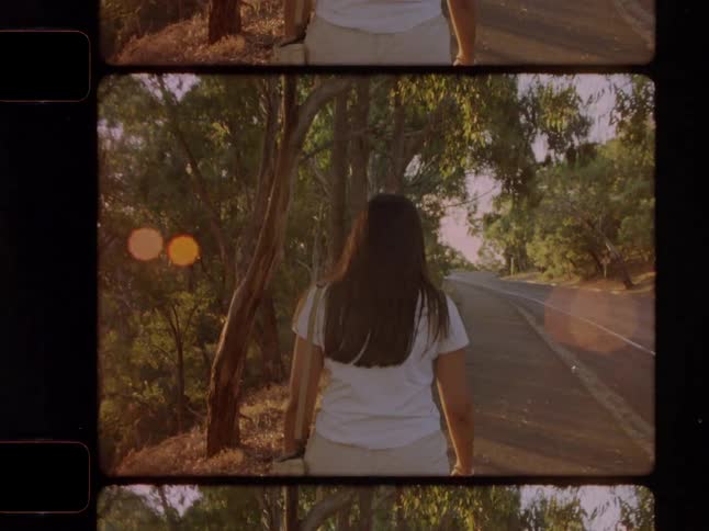 A young woman walks along a sunlit country road, turning to look back in a nostalgic, vintage film-style triptych shot