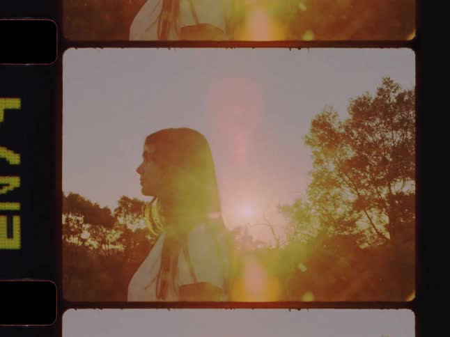 A vintage film-style portrait of a young woman at golden hour transitions to a sunset view of a city highway