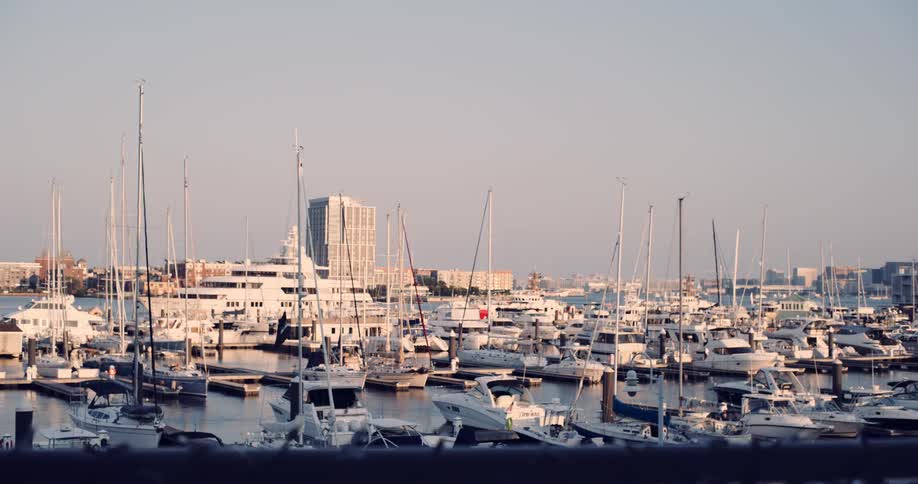 Sailboats and yachts are docked in a peaceful city harbor on a sunny afternoon