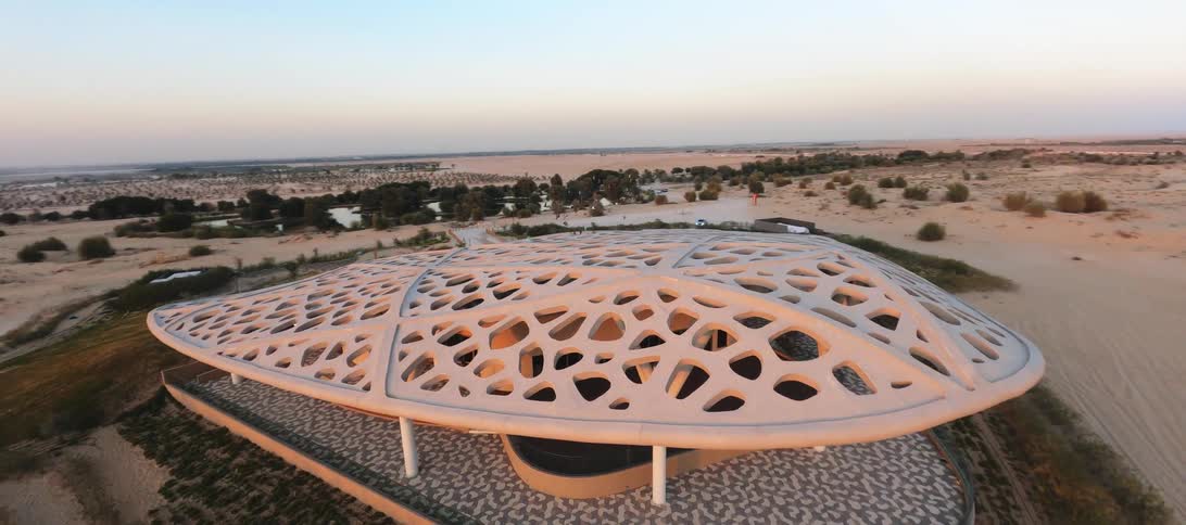 A flock of pigeons takes flight from the roof of a modern architectural marvel in the desert, soaring over the sand dunes at sunset
