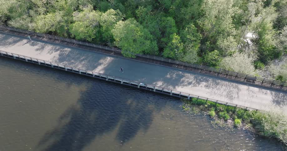 Overhead view of people exercising and enjoying the outdoors on a scenic lakeside trail