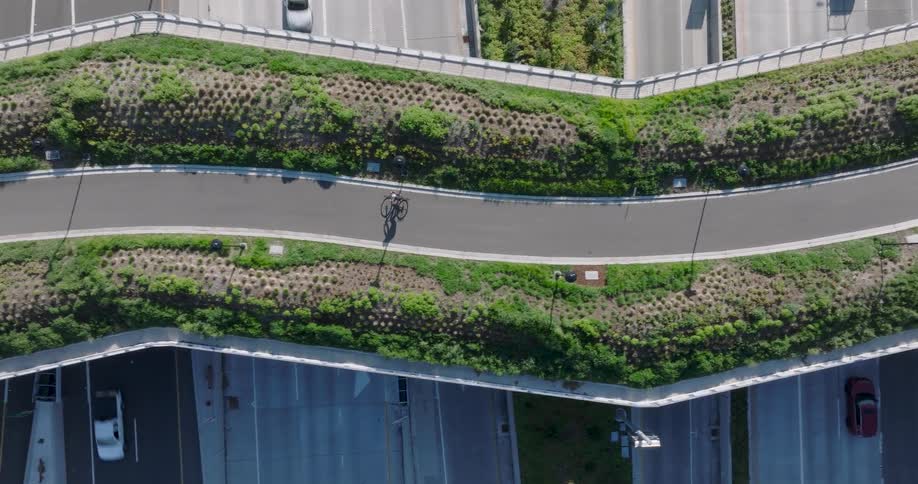 A top-down aerial view shows a lone cyclist riding across a lush green pedestrian overpass above a busy highway