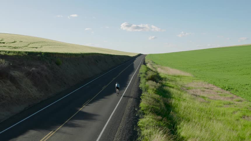 A cyclist works hard pedaling uphill on a scenic stretch of country road
