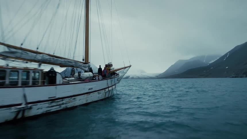 Aerial view flying past an old expedition sailboat as it cruises through the choppy arctic ocean towards glaciers and mountains