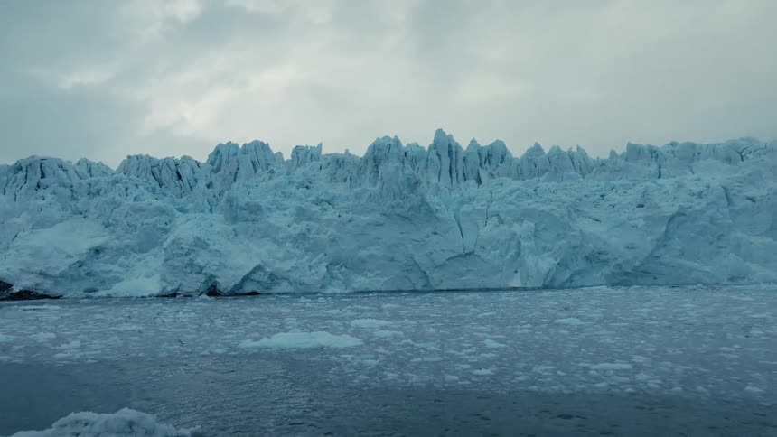 Seabirds fly over the icy waters in front of a massive, jagged glacier wall on a cold and overcast day
