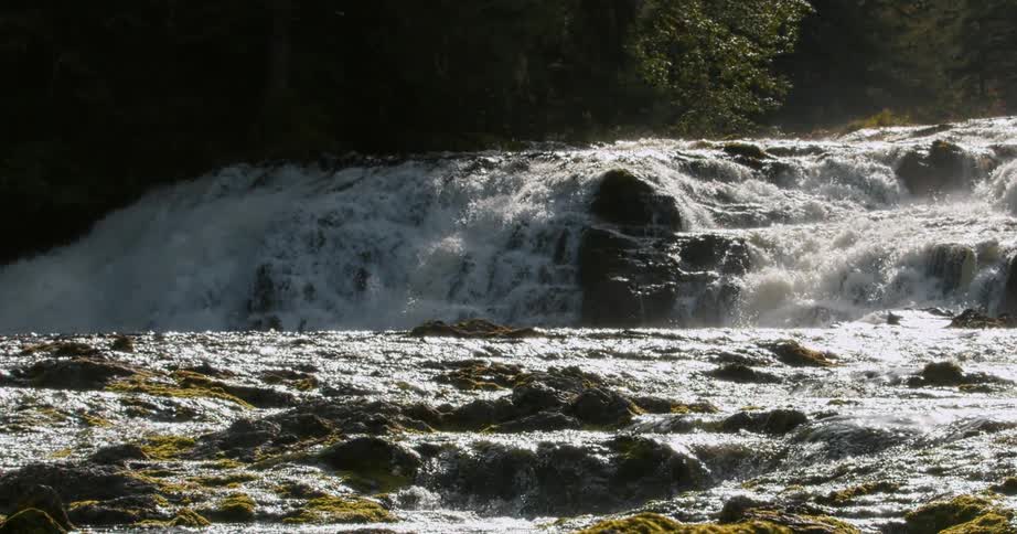 Sunlight glints off a powerful river as it flows over mossy rocks, with a wide waterfall cascading in the background
