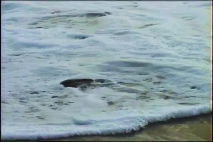 Vintage VHS footage shows a powerful ocean wave crashing onto a rocky beach in slow motion