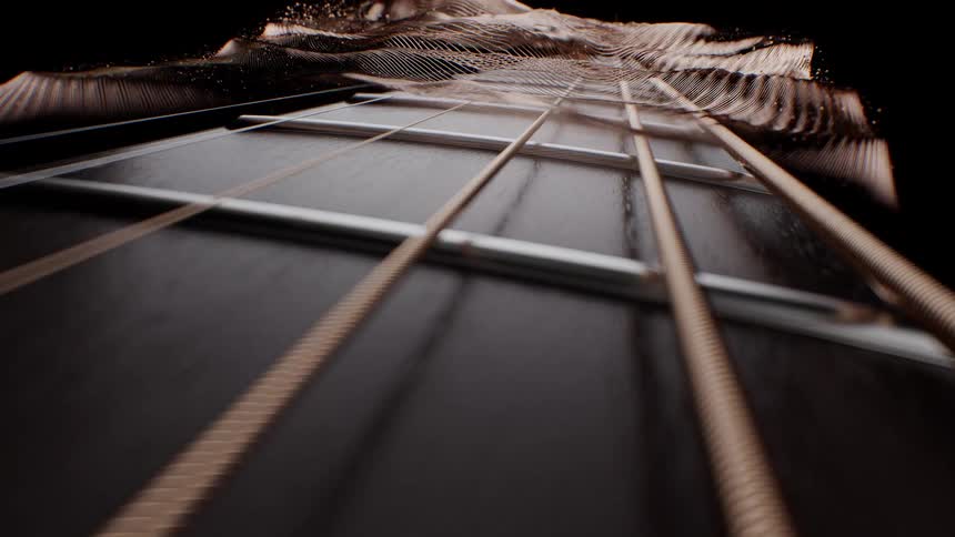 Artistic animation of a slow camera move down a guitar fretboard with surreal digital wave effects