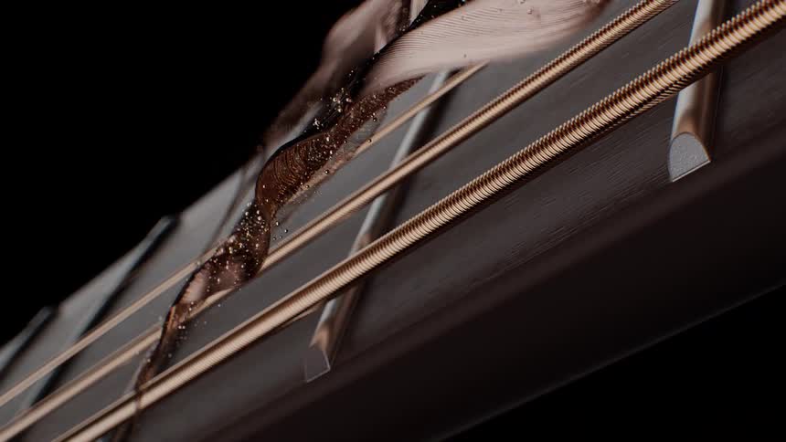An abstract golden waveform undulates and shimmers over the strings of a guitar neck in this conceptual animation