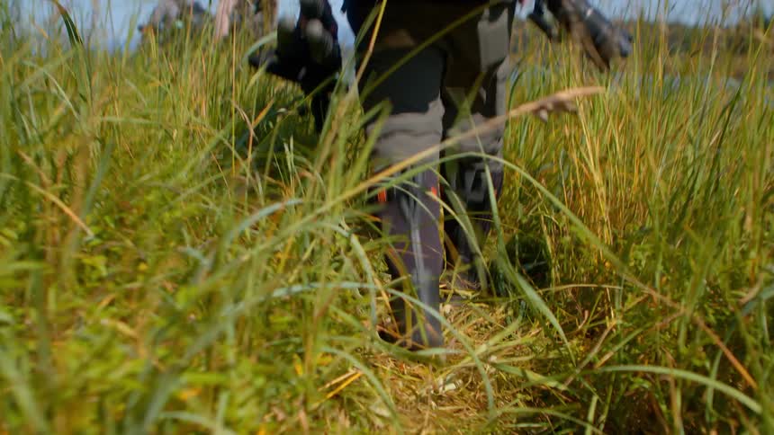 A wildlife photographer carries a camera and tripod while walking through a tall grassy field with a group of friends