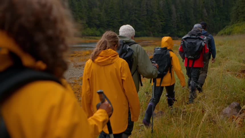 A group of hikers in rain gear treks in slow motion through a grassy marsh towards a lush green forest