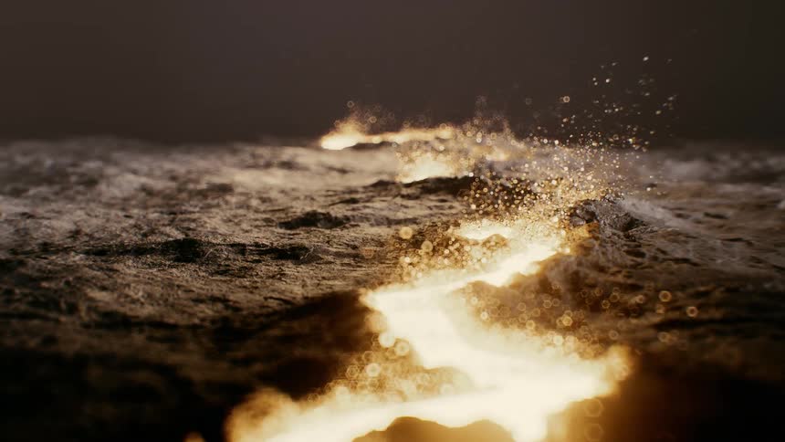 Mysterious golden lava flows through a crack in the dark ground, releasing shimmering hexagonal particles in slow motion