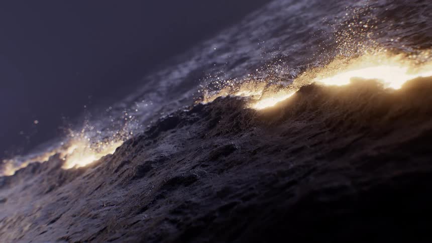 A mysterious, dark liquid wave with a fiery, glowing golden crest moves in dramatic slow motion
