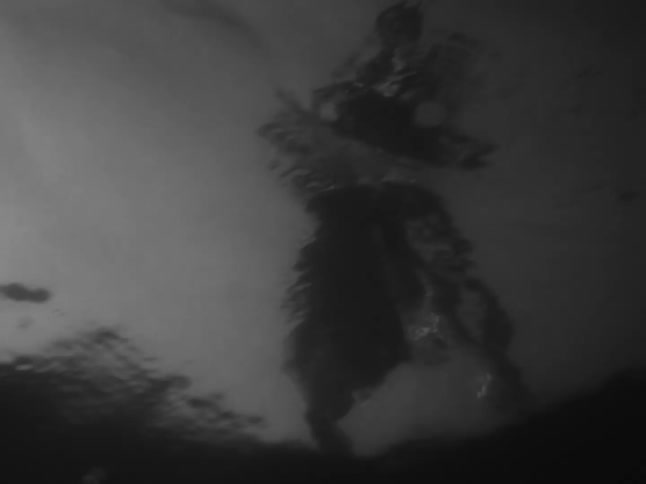 An eerie underwater view captures a silhouetted figure on the surface as they slowly descend into complete darkness