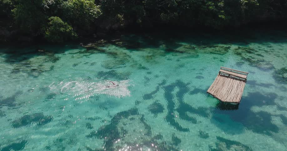 A swimmer enjoys the tranquil, clear turquoise waters of a secluded tropical inlet from an aerial perspective