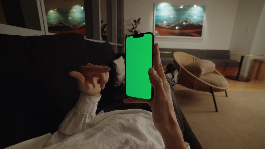A woman relaxes on a dark sofa while scrolling through her smartphone with a green screen in a modern living room