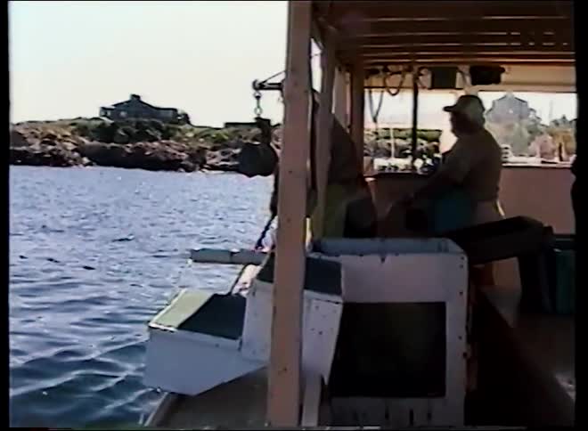 Vintage home movie footage shows a lobster fisherman hauling in a trap from the ocean near a rocky coast