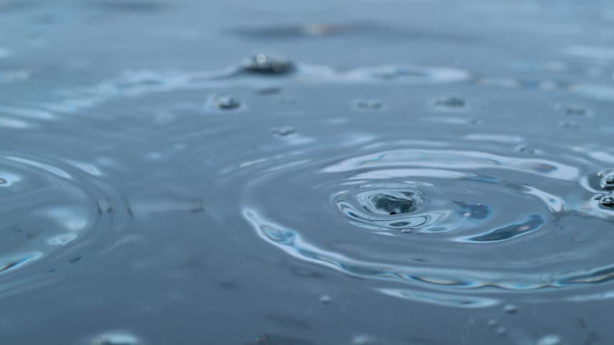 A detailed super slow motion shot captures a water droplet hitting the surface and creating expanding concentric rings