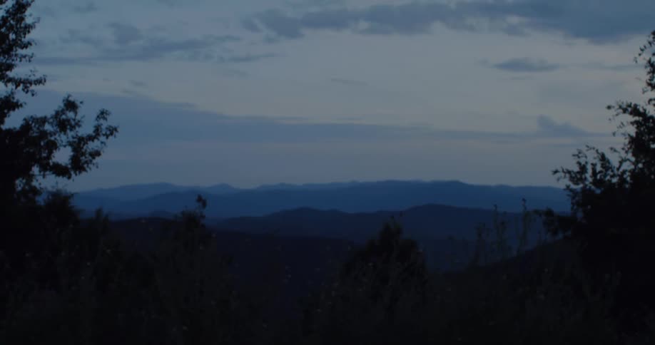 An insect flies quickly past the camera, which is focused on a hazy mountain range at dusk