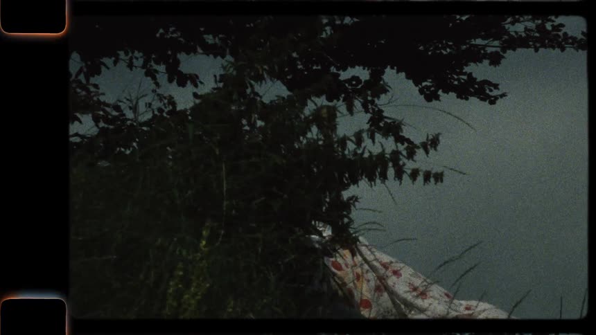 Vintage-style footage of laundry blowing in the wind on a clothesline in a dark, overgrown outdoor setting