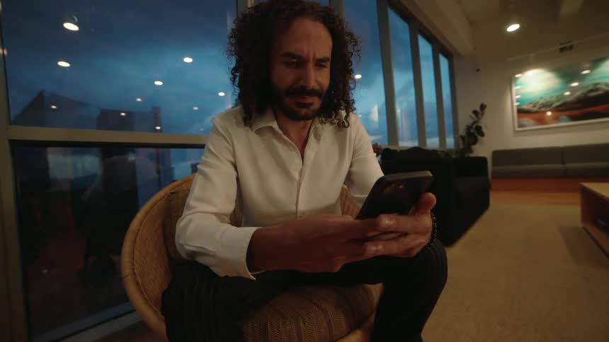 A focused man with curly hair and a mustache checks his phone while sitting in a lounge chair in a modern building at dusk