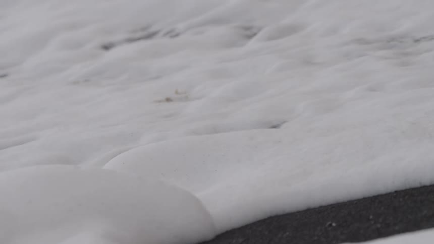 Slow motion close-up of white sea foam receding over the dark sand on a beach