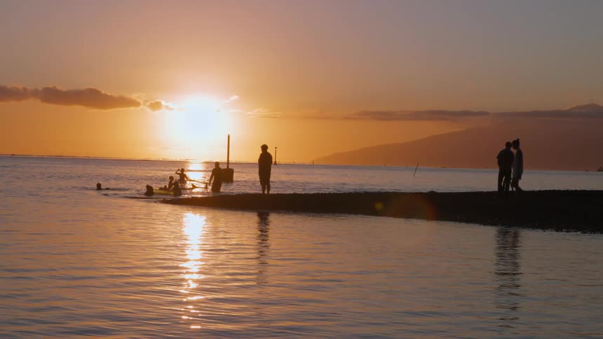 People are silhouetted against a vibrant golden sunset as they swim, kayak, and relax by the tranquil ocean shore