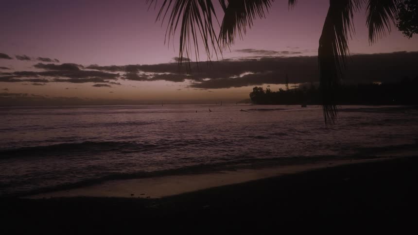 Calm ocean waves lap the shore of a tropical beach during a beautiful purple sunset
