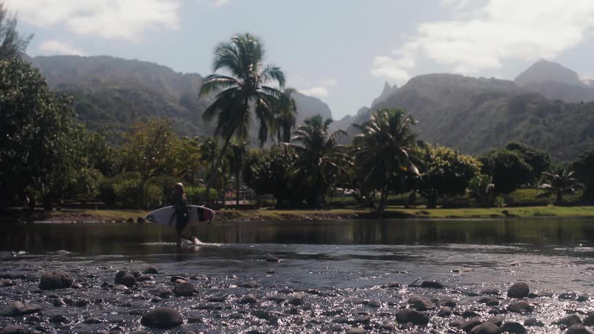 A surfer carries her board while wading through a rocky tropical river with lush green mountains in the distance