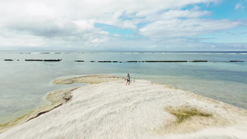 An aerial drone shot flies over a surfer girl with a surfboard as she walks on a tropical sandbar in the middle of a beautiful turquoise ocean