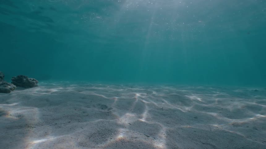 Sunlight creates beautiful dancing patterns on the sandy ocean floor in clear, tranquil turquoise water