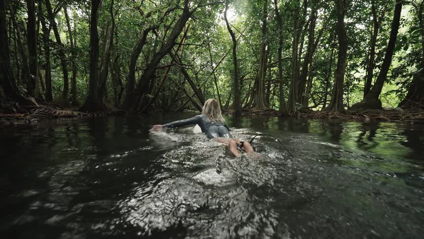 Slow motion shot of a woman in a wetsuit paddling on her surfboard through a calm river in a dense, green forest