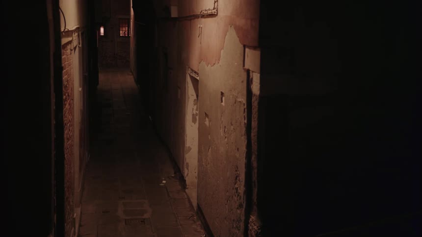 A narrow alley between city buildings at night