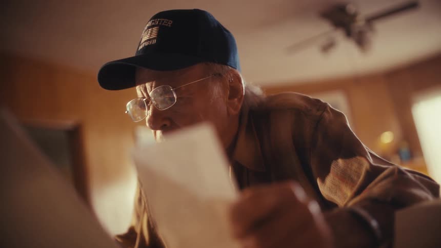 A retired firefighter with glasses sits at his table and meticulously examines a paper document
