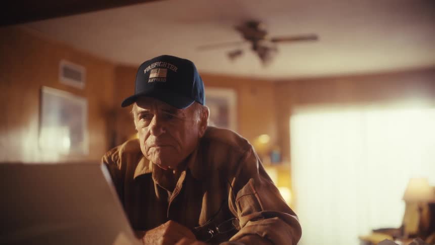 A retired firefighter looks concerned as he sorts through his bills and receipts while looking at his laptop at home