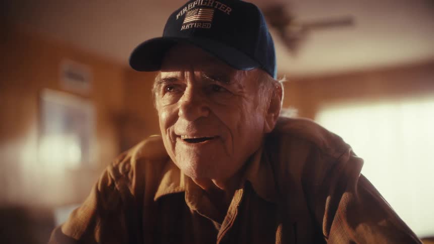 A retired firefighter smiles warmly as he reminisces while looking through old documents and letters in his home