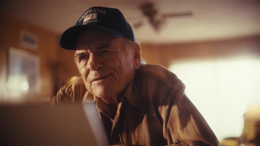 A smiling elderly veteran and retired firefighter reminisces while looking at his computer in a warmly lit room
