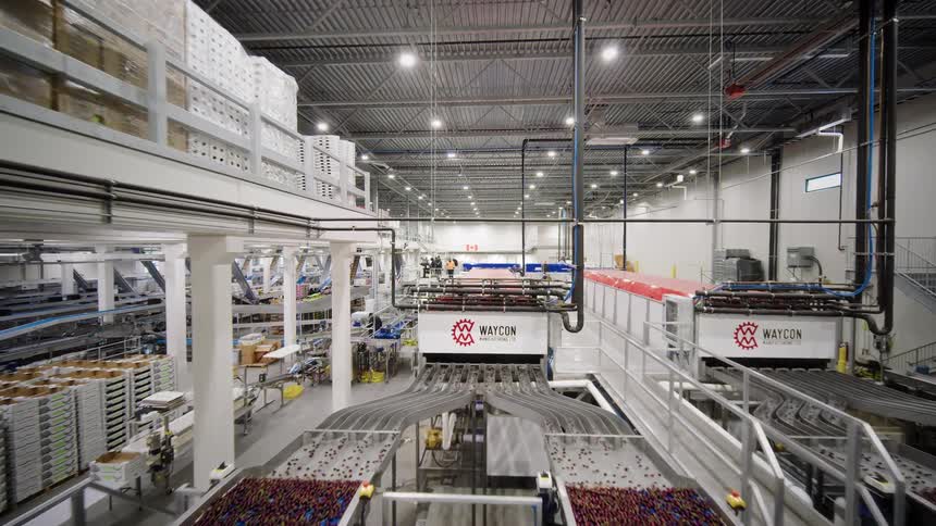 An aerial dolly shot reveals a modern fruit processing plant with automated conveyor belts and machinery
