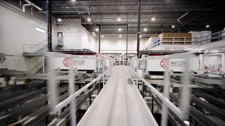 Dramatic pull-out shot reveals a massive, automated cherry processing and sorting facility with complex conveyor belt systems in operation