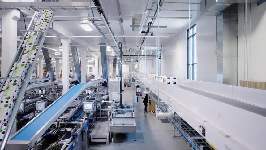A wide, static view of a busy, automated factory floor with multiple conveyor belts transporting boxes and goods