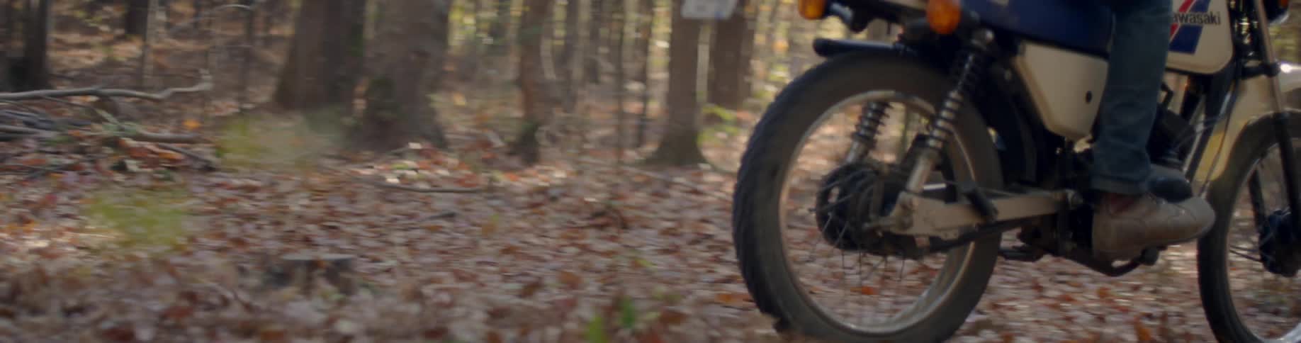 Motorcyclist riding through leaves in a wooded area