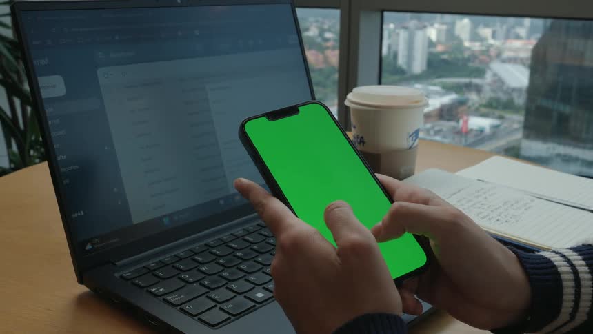 A person uses a green screen smartphone while working on a laptop at a desk with a city view in the background