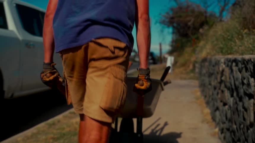 A male worker in shorts and gloves pushes a wheelbarrow down a sidewalk in slow motion on a sunny day