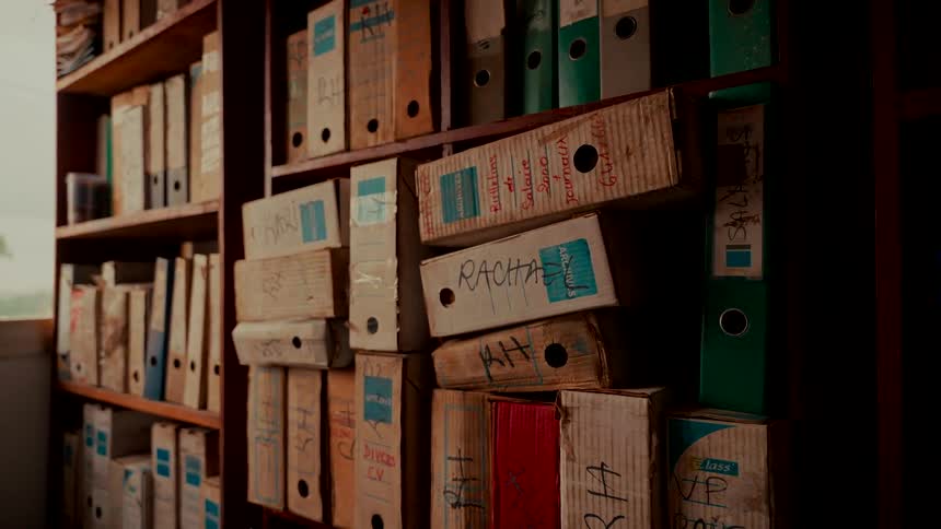 Disorganized and dusty old file boxes and binders clutter a wooden bookshelf in a dim archive room