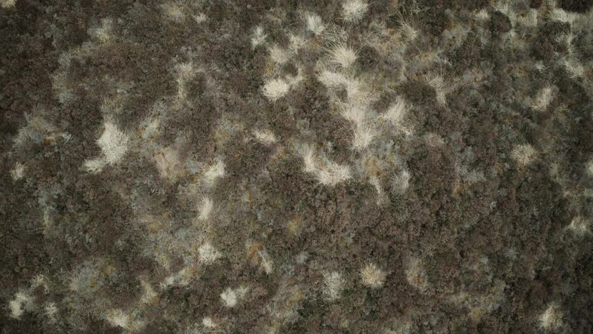 An aerial top-down view slowly rises over a vast expanse of rugged, textured moorland
