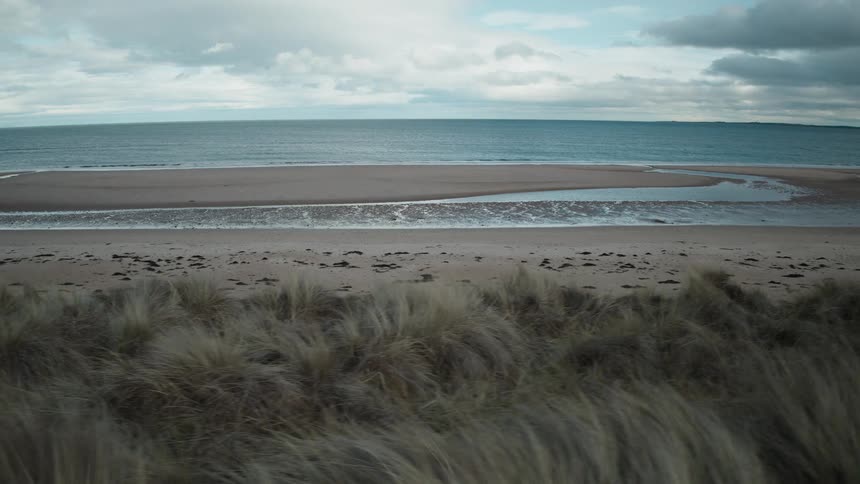 A slow push-in shot over windy beach grass on a sand dune overlooking a calm ocean on an overcast day