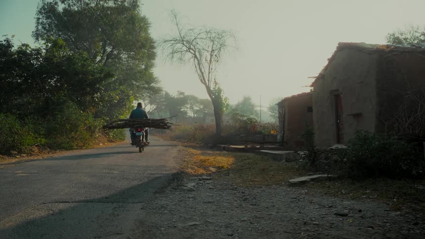A man transports a large bundle of firewood on his motorcycle as he drives away from a rural village home at sunrise