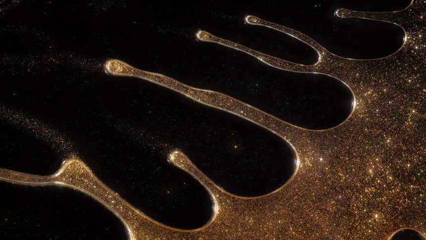 An abstract macro shot shows a viscous, sparkling gold fluid expanding across a black surface before dispersing into a universe of shimmering particles