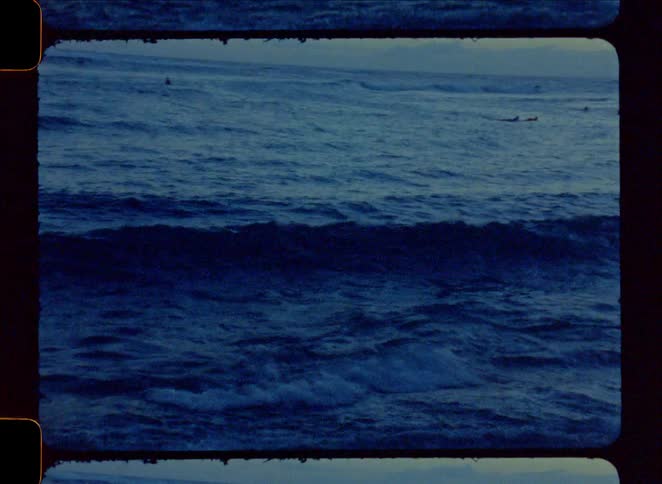 Vintage film footage captures a beautiful sunset with palm tree silhouettes before panning down to the calm ocean waves at twilight